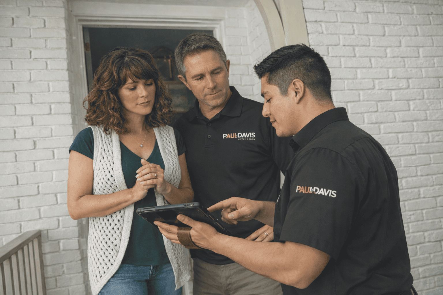 Paul Davis Restoration technician reviewing project details with homeowners on tablet during residential restoration consultation in Central DFW.