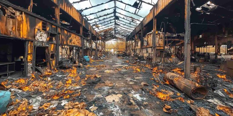 Extensive fire damage inside large commercial warehouse with debris and structural destruction requiring professional fire restoration services in Central DFW.