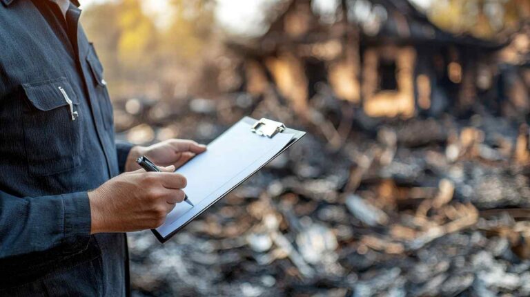 Technician documenting fire damage and assessing a burned property site in Central DFW for restoration services.
